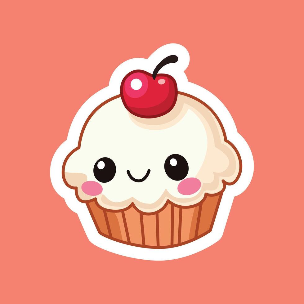 Charming Pink Cupcake with Cherry Sticker Design vector
