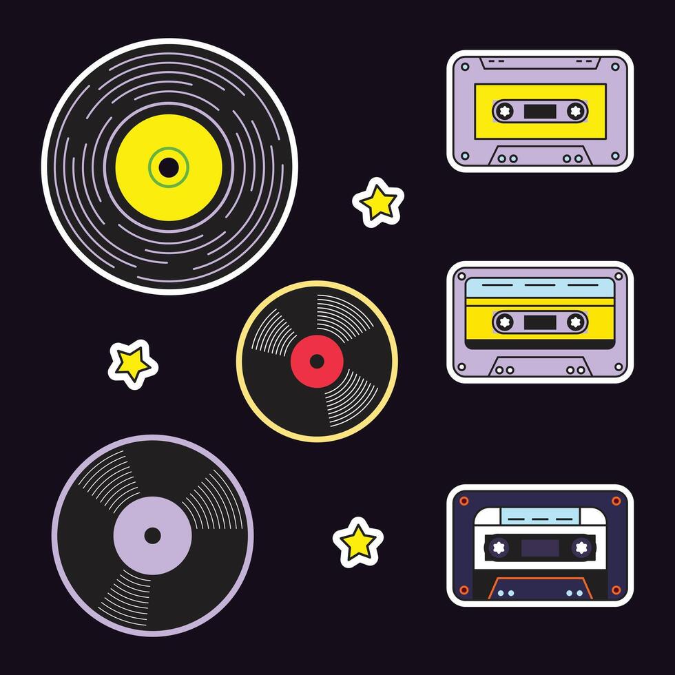 Retro Cassette Tapes and Vinyl Records Sticker Set. Vintage Music Stickers vector
