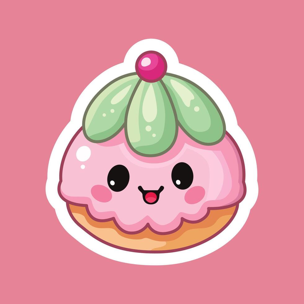 Delightful Kawaii Cake with Cherry Sticker Design vector