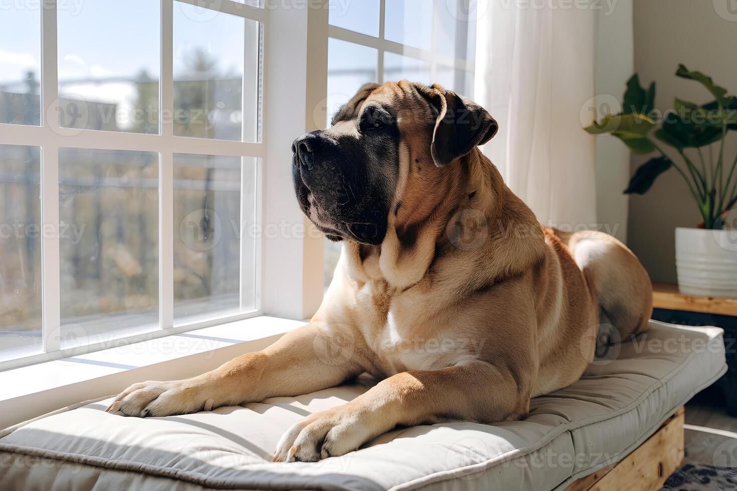 Mastiff resting in a sunny window, enjoying warm rays photo