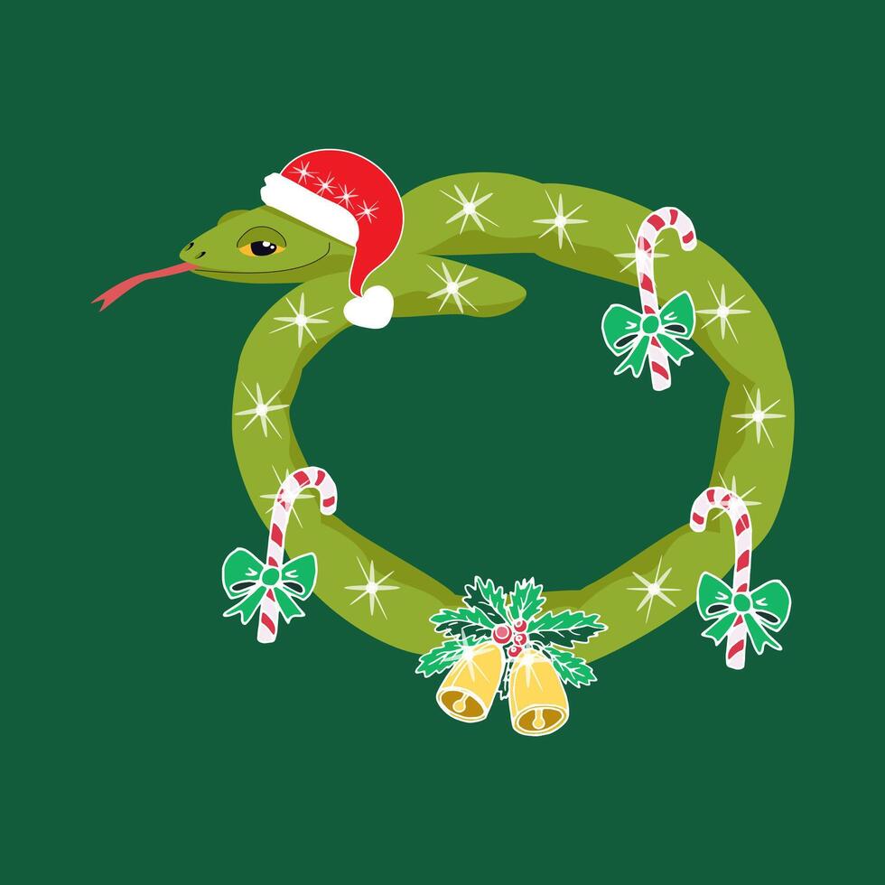 Snake in the shape of a Christmas wreath on green vector