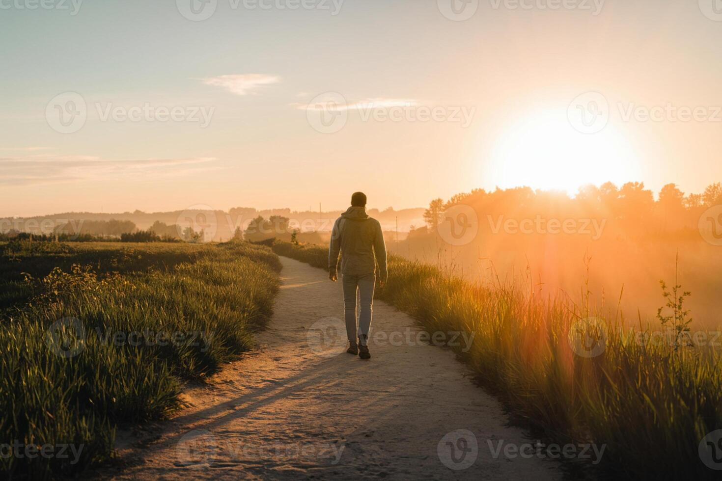 Person walking towards radiant horizon creates a beautiful, inspiring journey scene photo