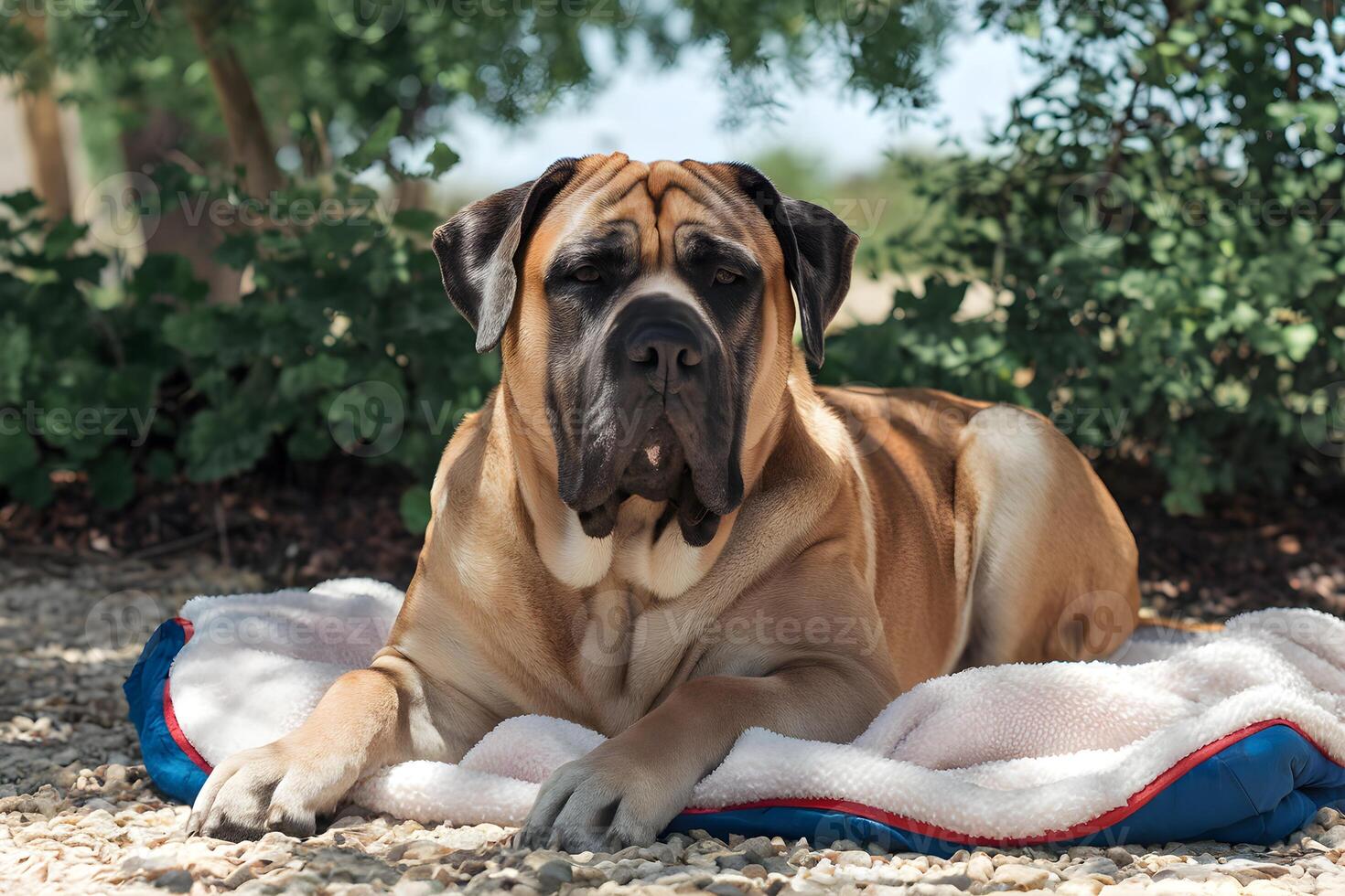 Mastiff resting on a soft blanket in the shade with comfort photo