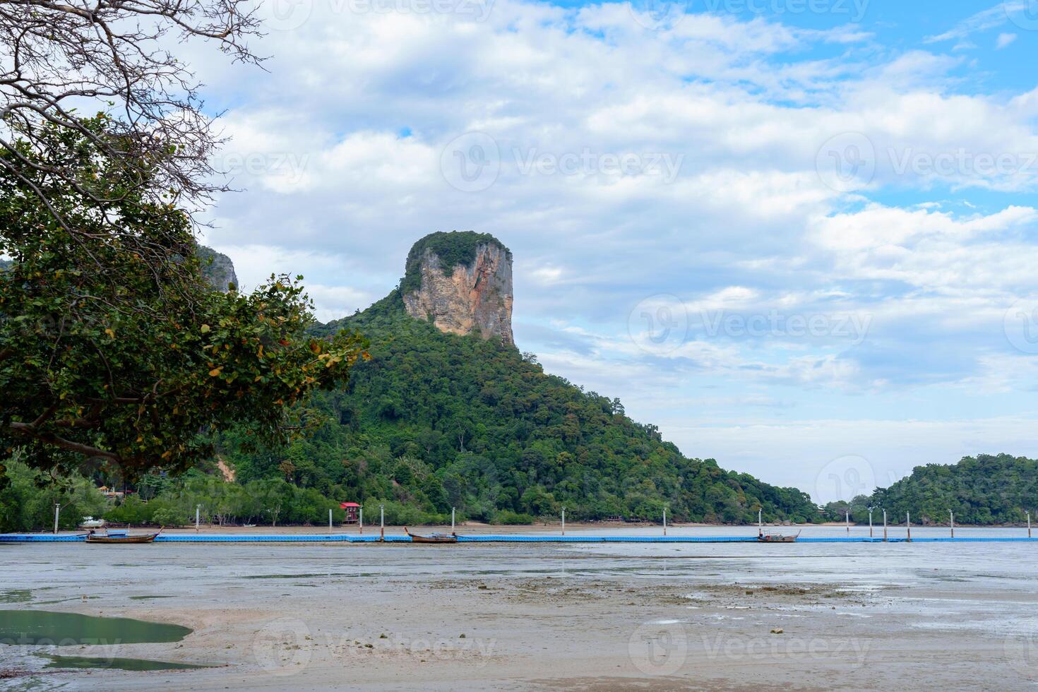 view of a serene beach after low tide with a rocky mountain covered in greenery in the background photo