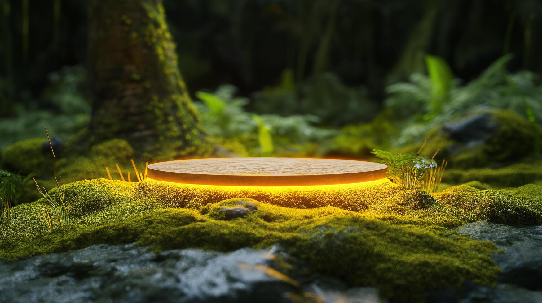 Modern Display Podium Surrounded by Glowing Moss photo