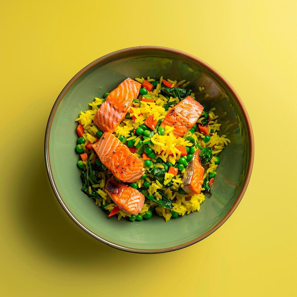 salmon and rice dish in the style of tabletop photography photo