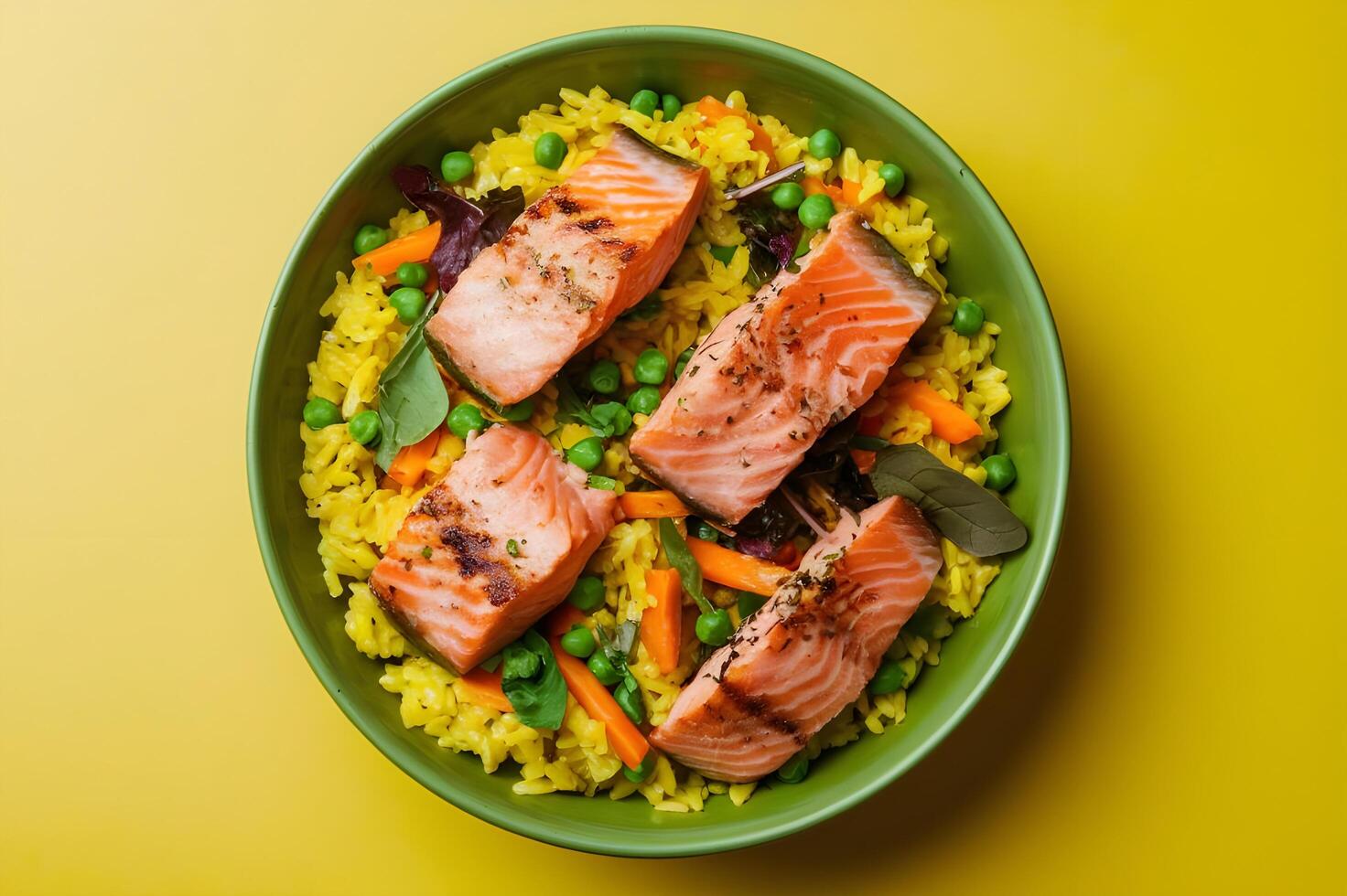 salmon and rice dish in the style of tabletop photography photo