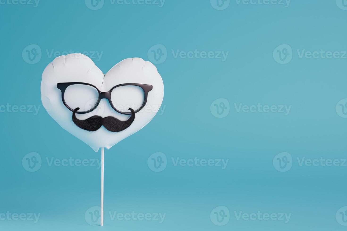 heart-shaped decoration adorned with glasses and a mustache, set against a vibrant blue backdrop photo