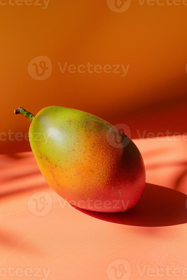 ripe mango presented on a matching vibrant orange background, highlighting its juicy freshness and tropical flavor. photo