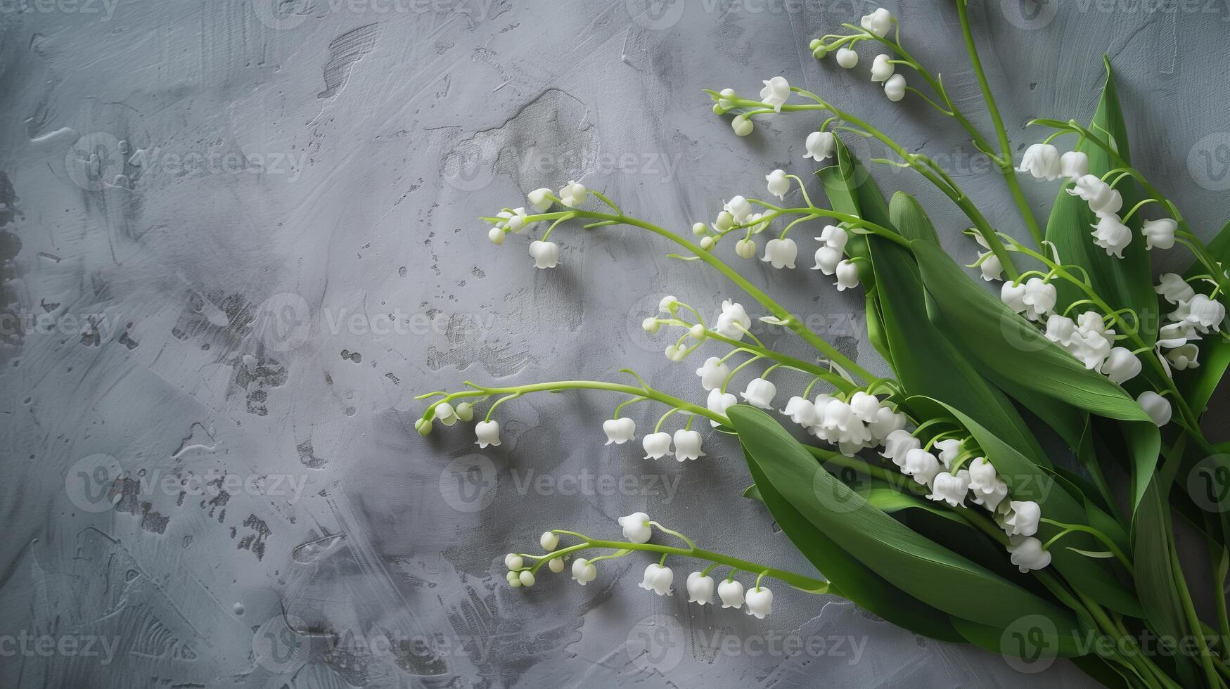 bouquet of lily of the valley flowers resting on a dark rustic wooden surface, showcasing the delicate beauty of spring photo
