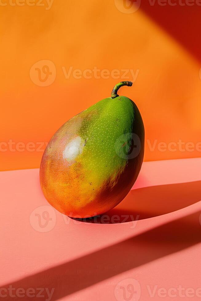 ripe mango presented on a matching vibrant orange background, highlighting its juicy freshness and tropical flavor. photo