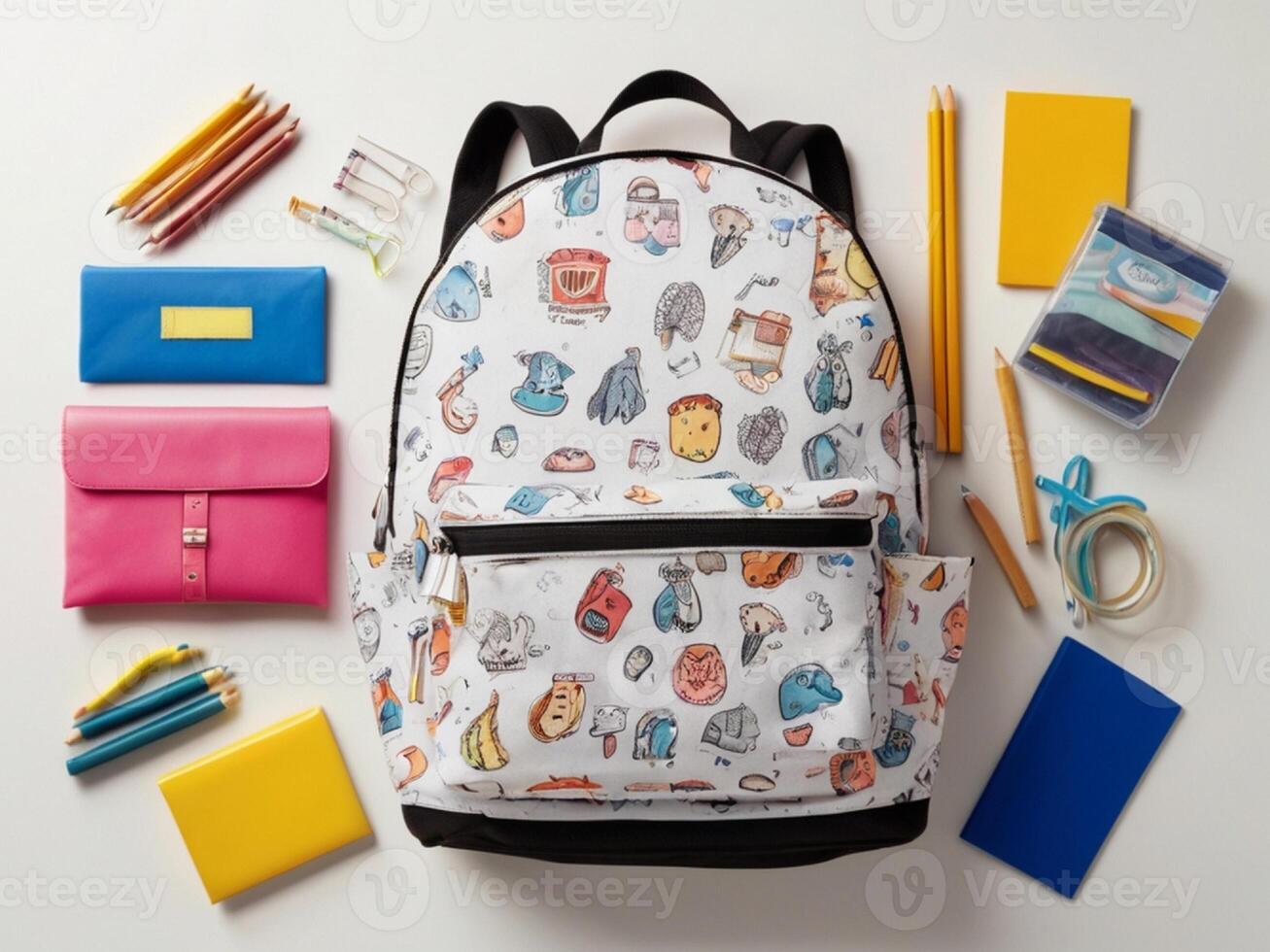A school bag with compartments on a white surface background photo