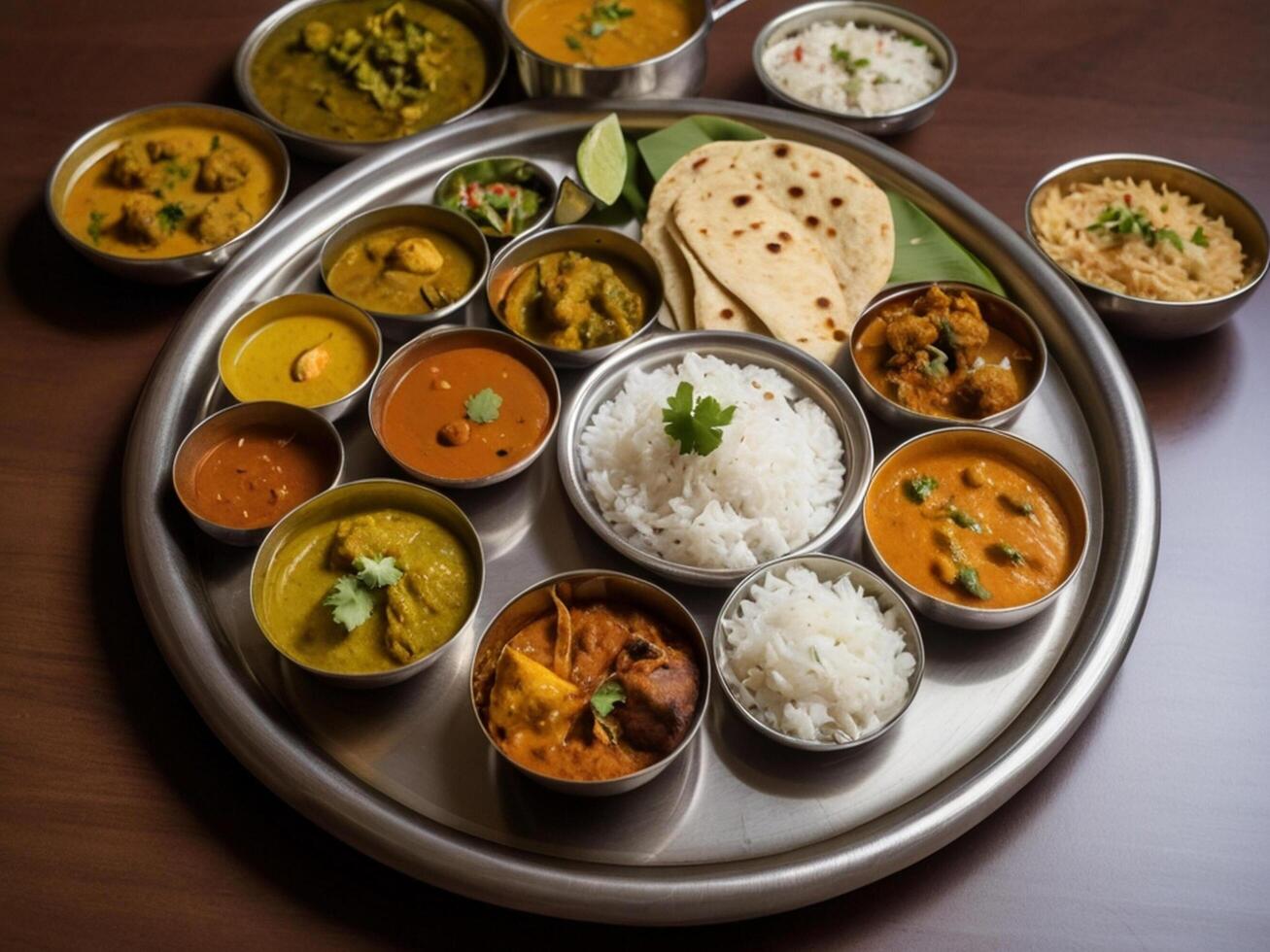 A traditional Indian thali with a variety of curries and rice. photo