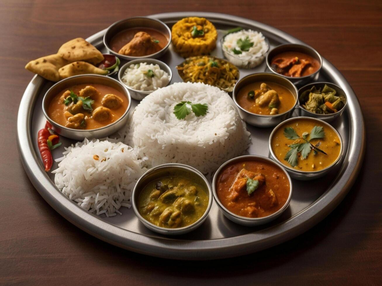 A traditional Indian thali with a variety of curries and rice. photo
