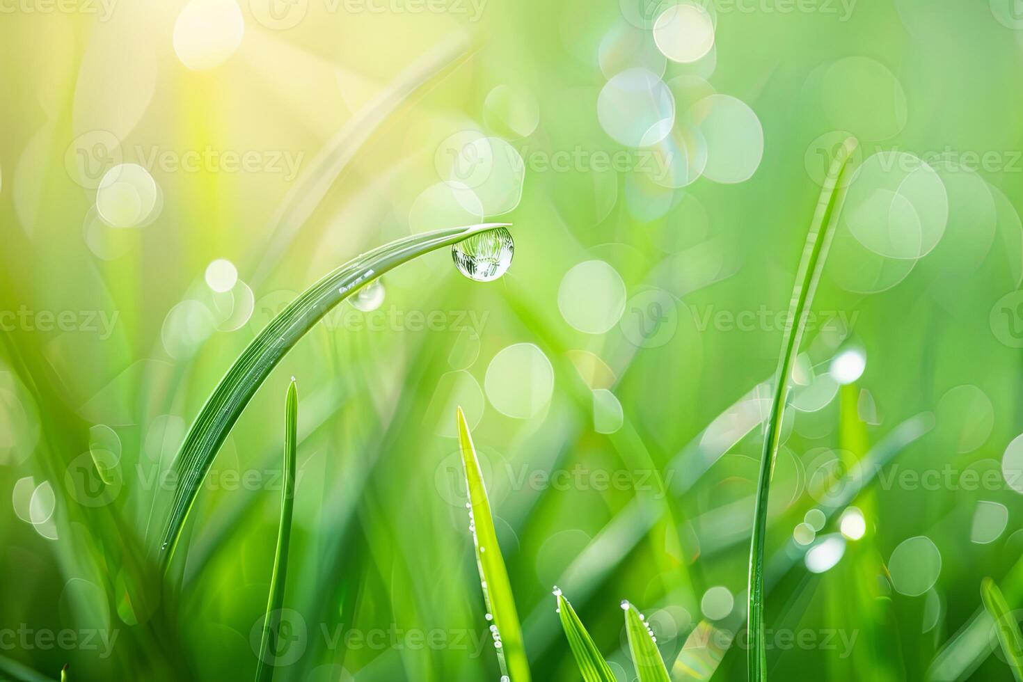 dew drops on vibrant green grass blades, illuminated by morning light photo