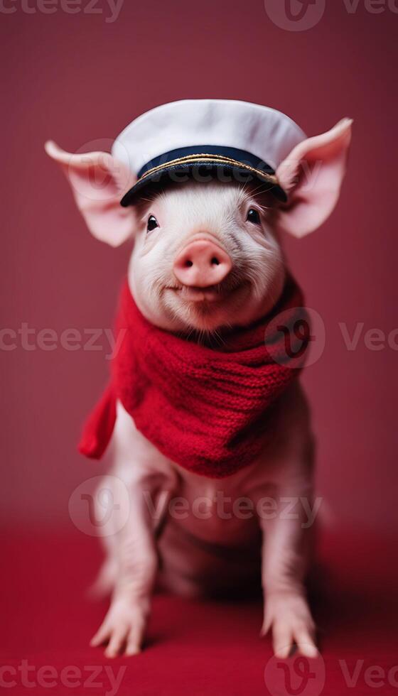 Piglet Dressed in a Sailor Hat and Red Scarf photo