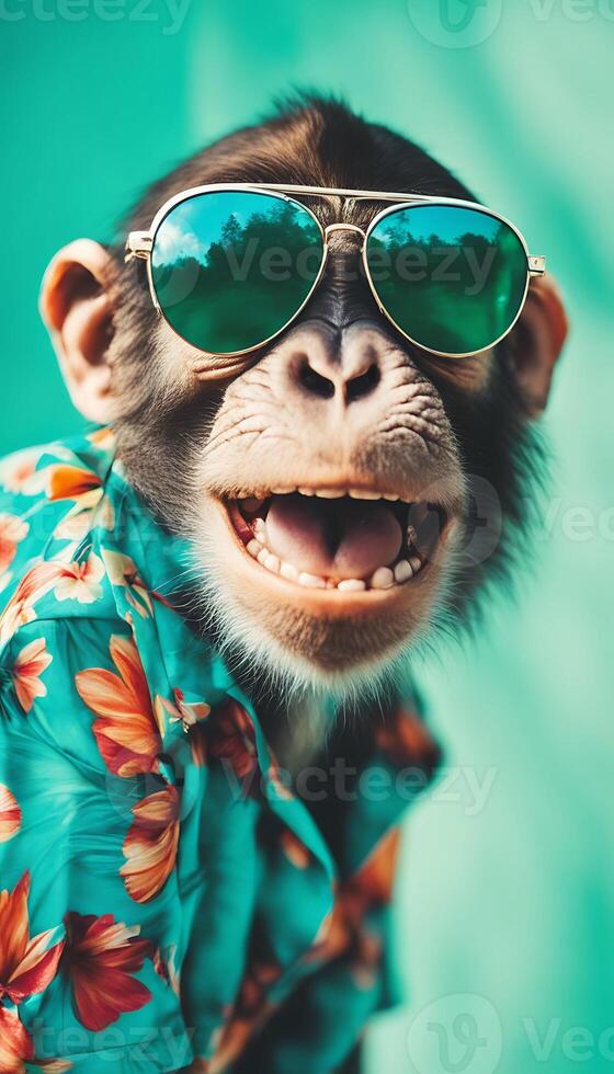 A Cool Monkey Wearing Sunglasses and a Floral Shirt photo