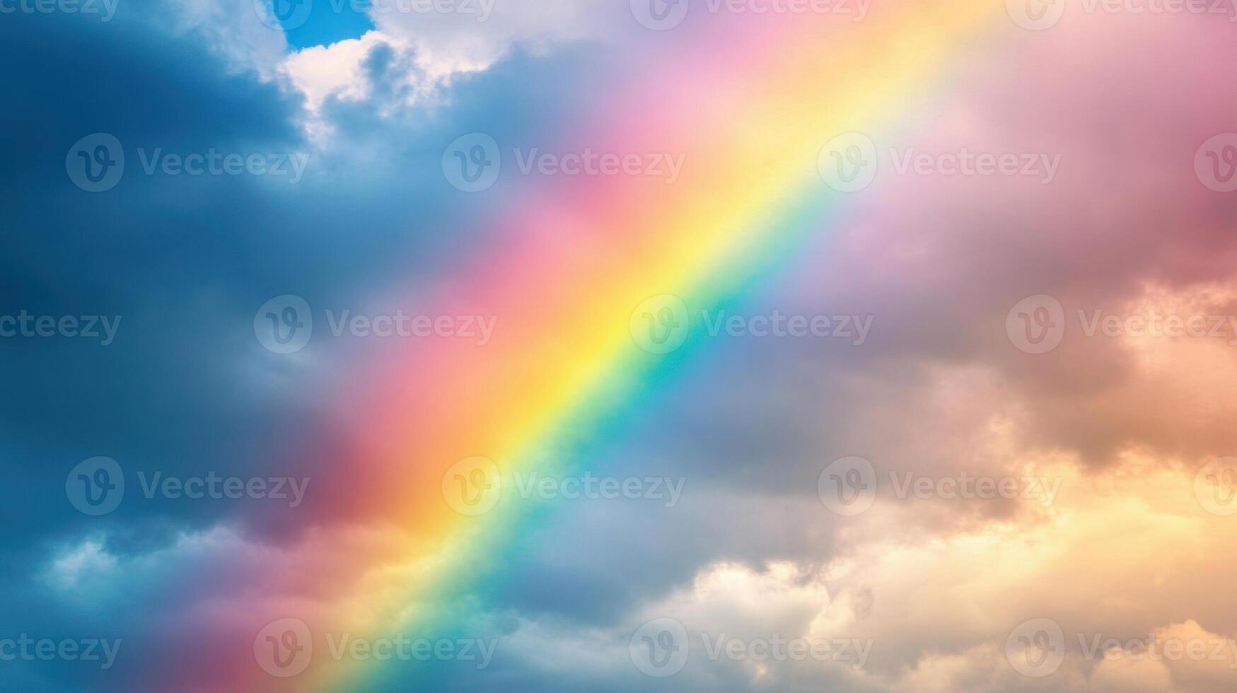 A rainbow is seen in the sky above a cloudy day photo