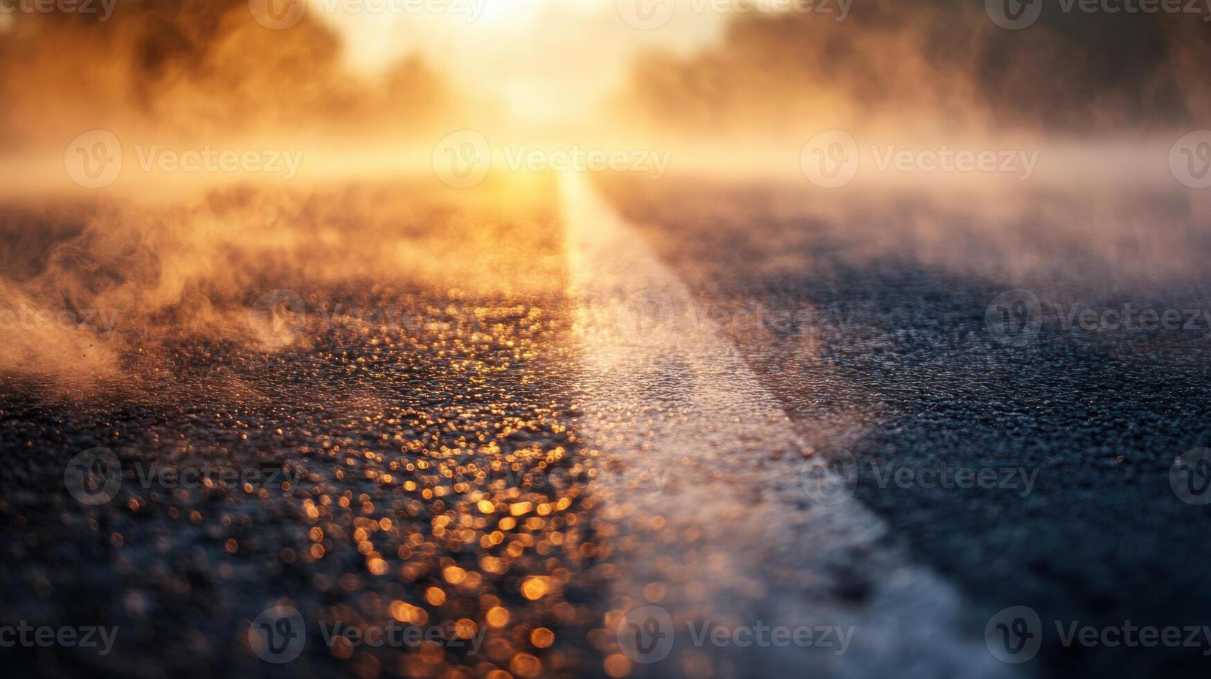The foggy road is lined with trees and the sun is setting photo