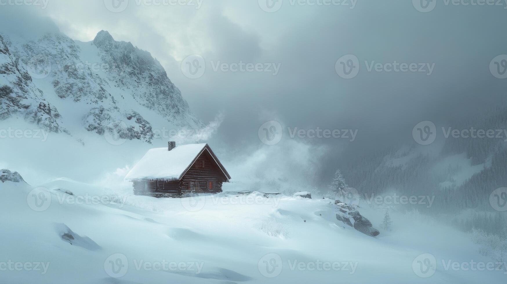 A small cabin is nestled in the snow on a mountain photo