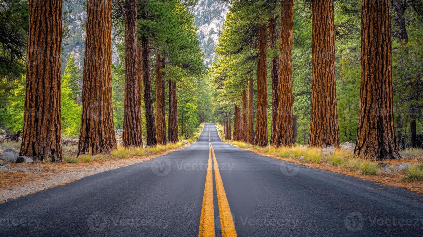 A road with a yellow line down the middle and trees on both sides photo