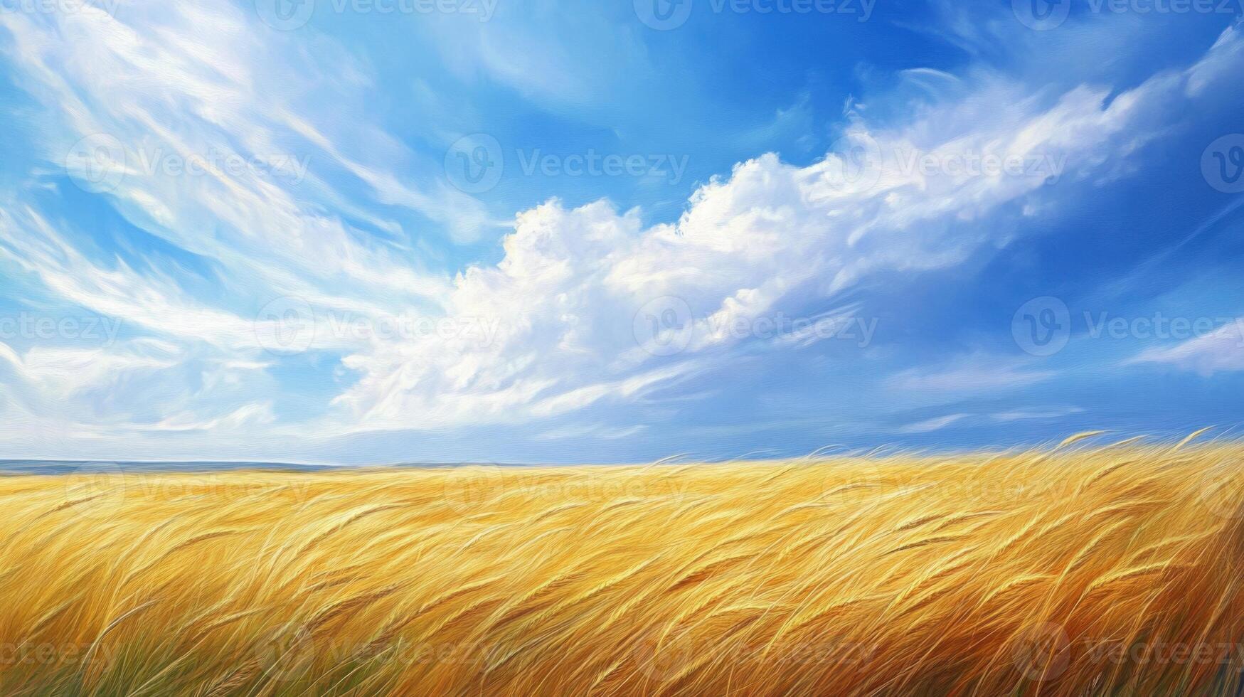 A painting of a field of tall grass with a blue sky in the background photo