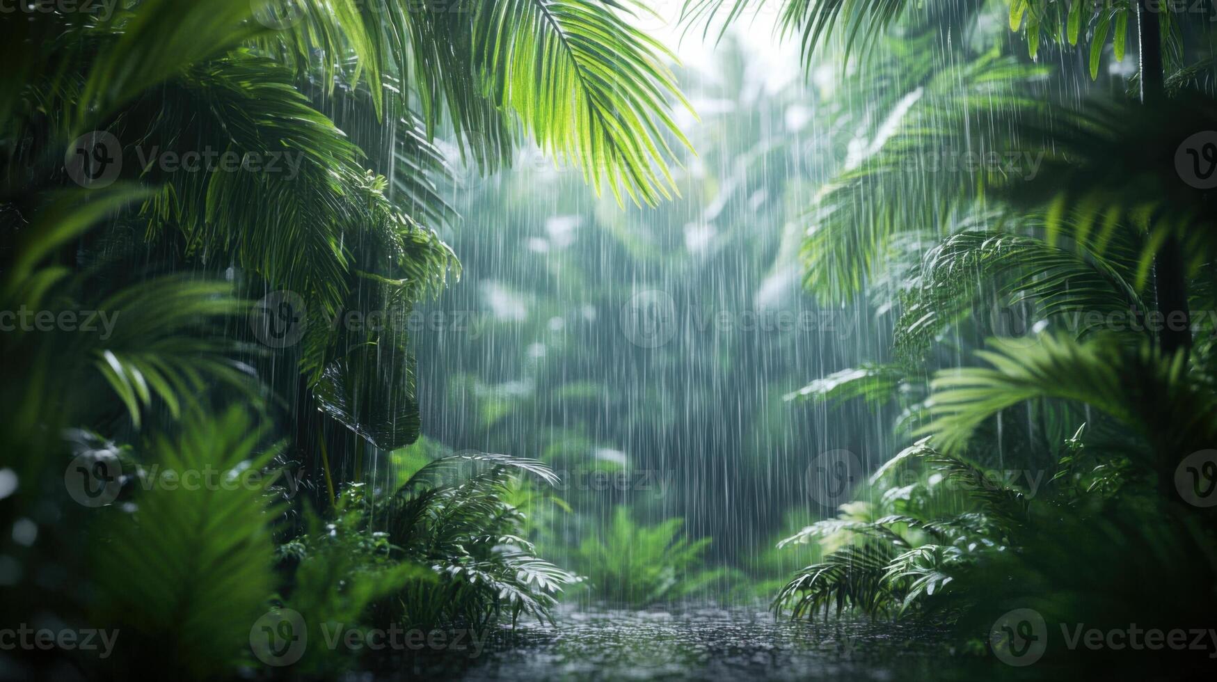 A lush jungle with rain pouring down on it photo