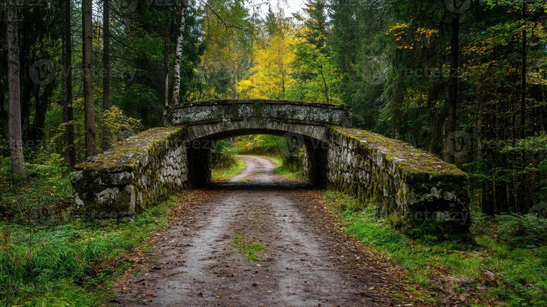 A bridge over a road with trees in the background photo