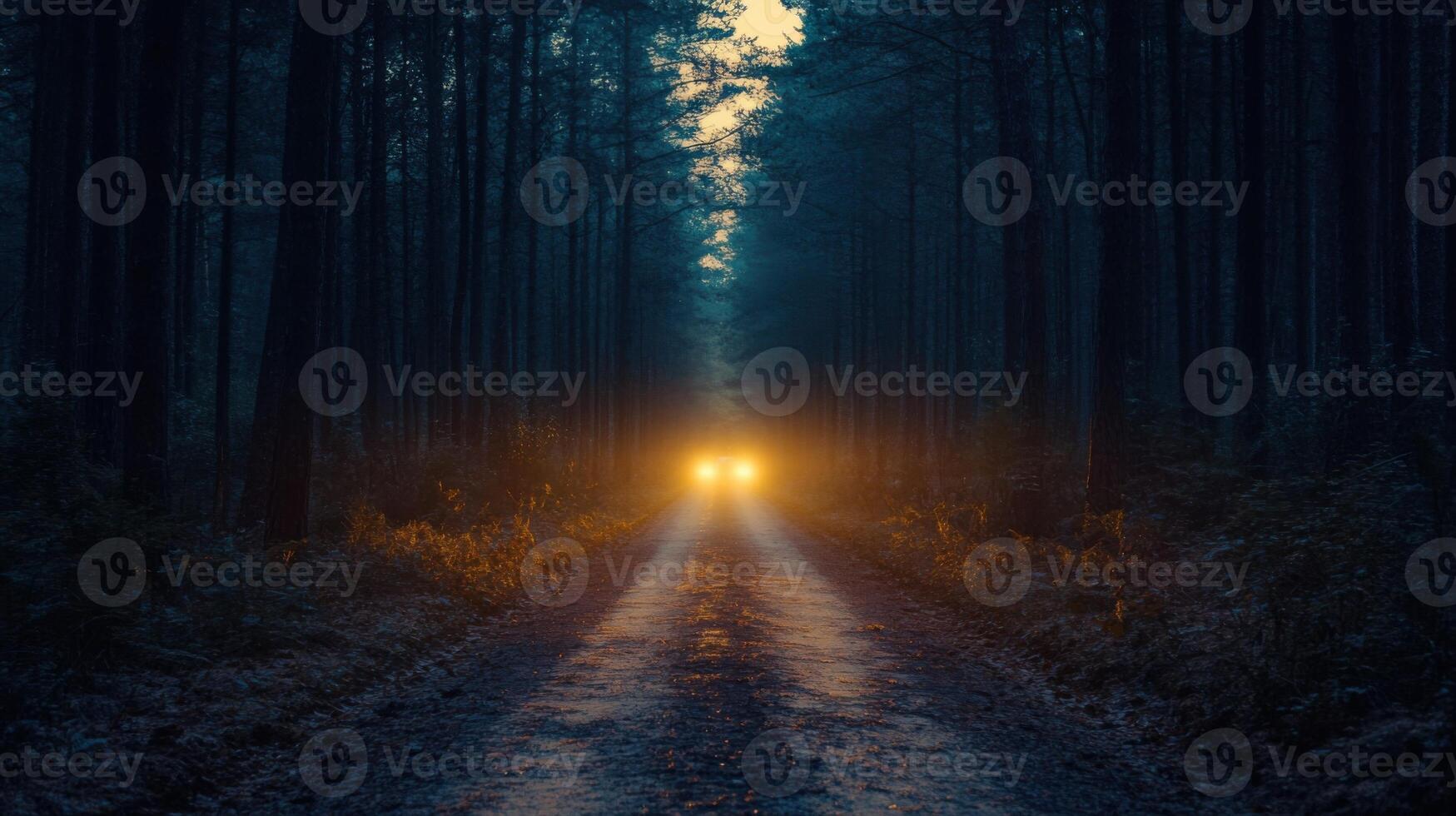 A road with headlights on in the woods photo