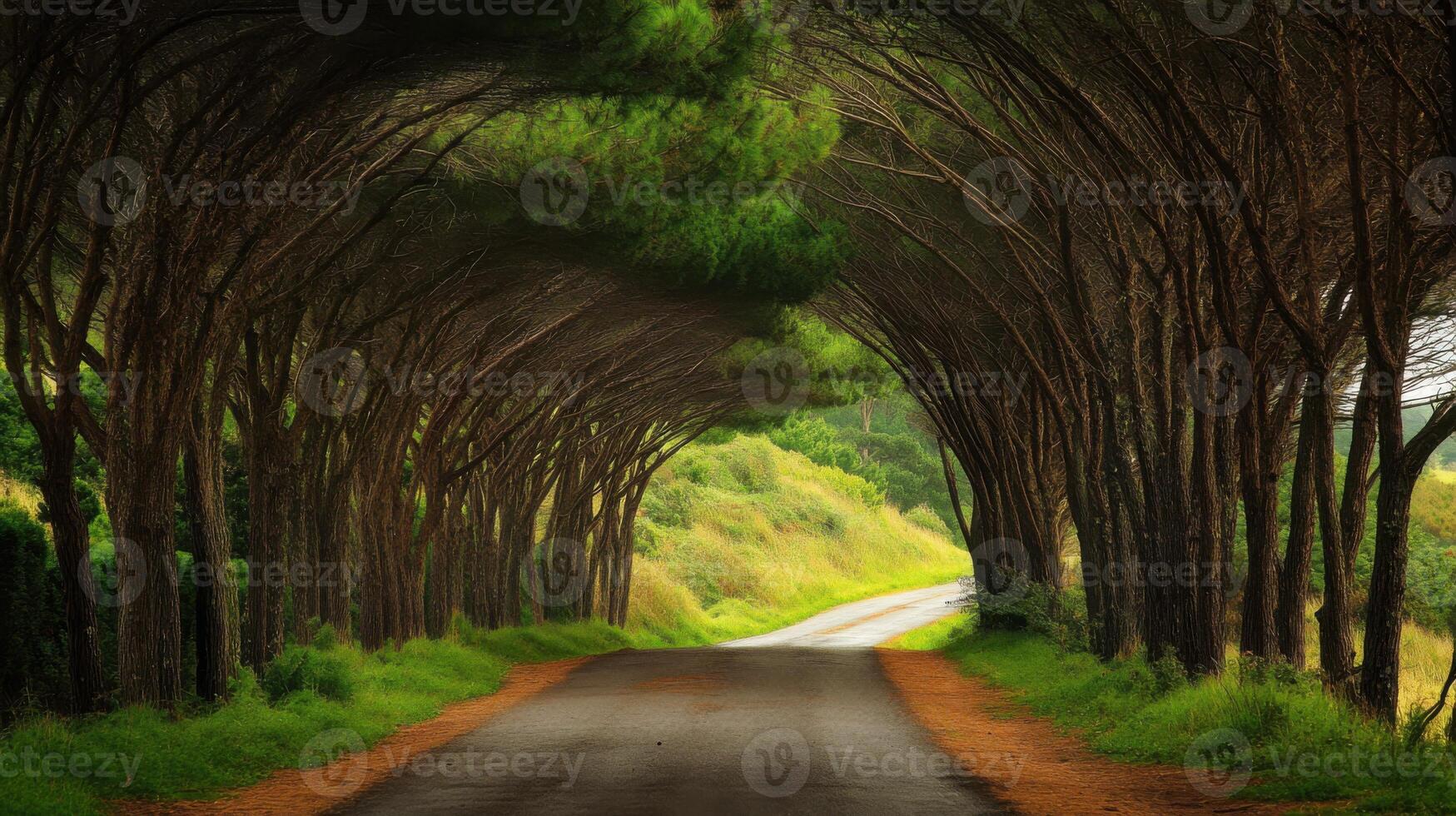 A road with a tunnel of trees on either side photo