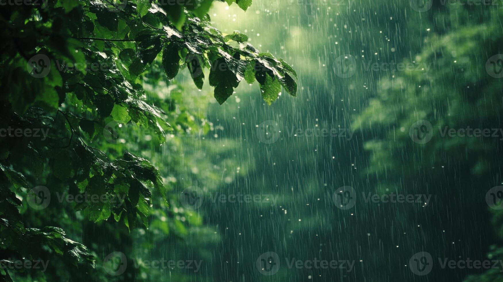 A tree with leaves is covered in rain photo