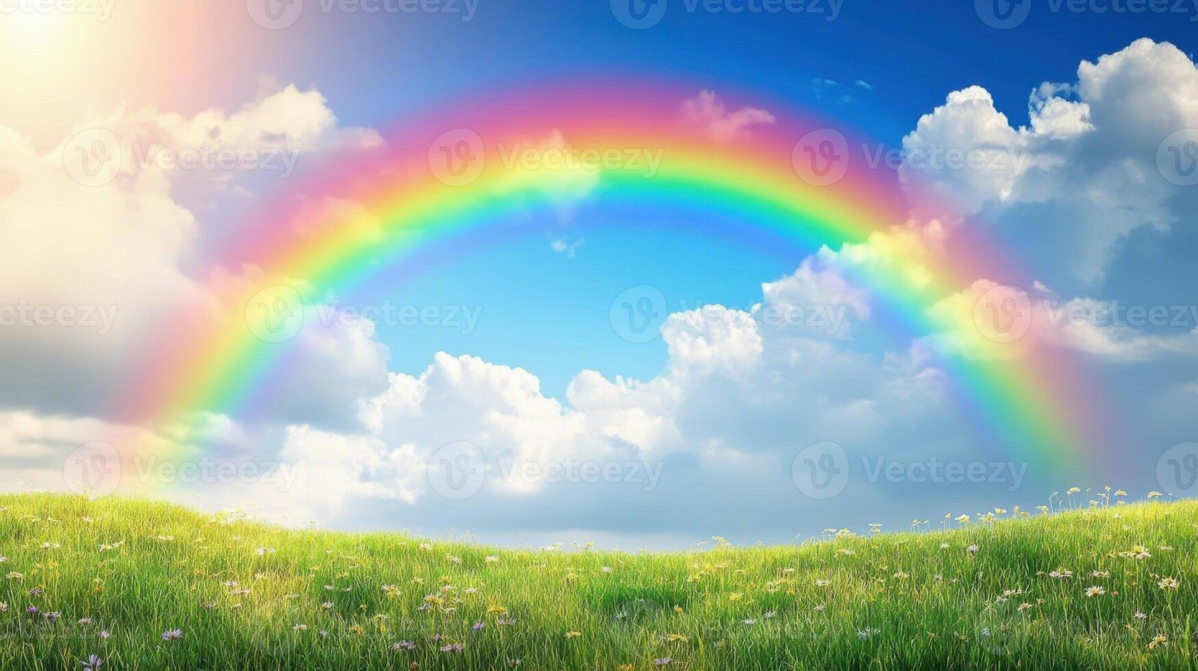 A rainbow is seen in the sky above a field of grass photo
