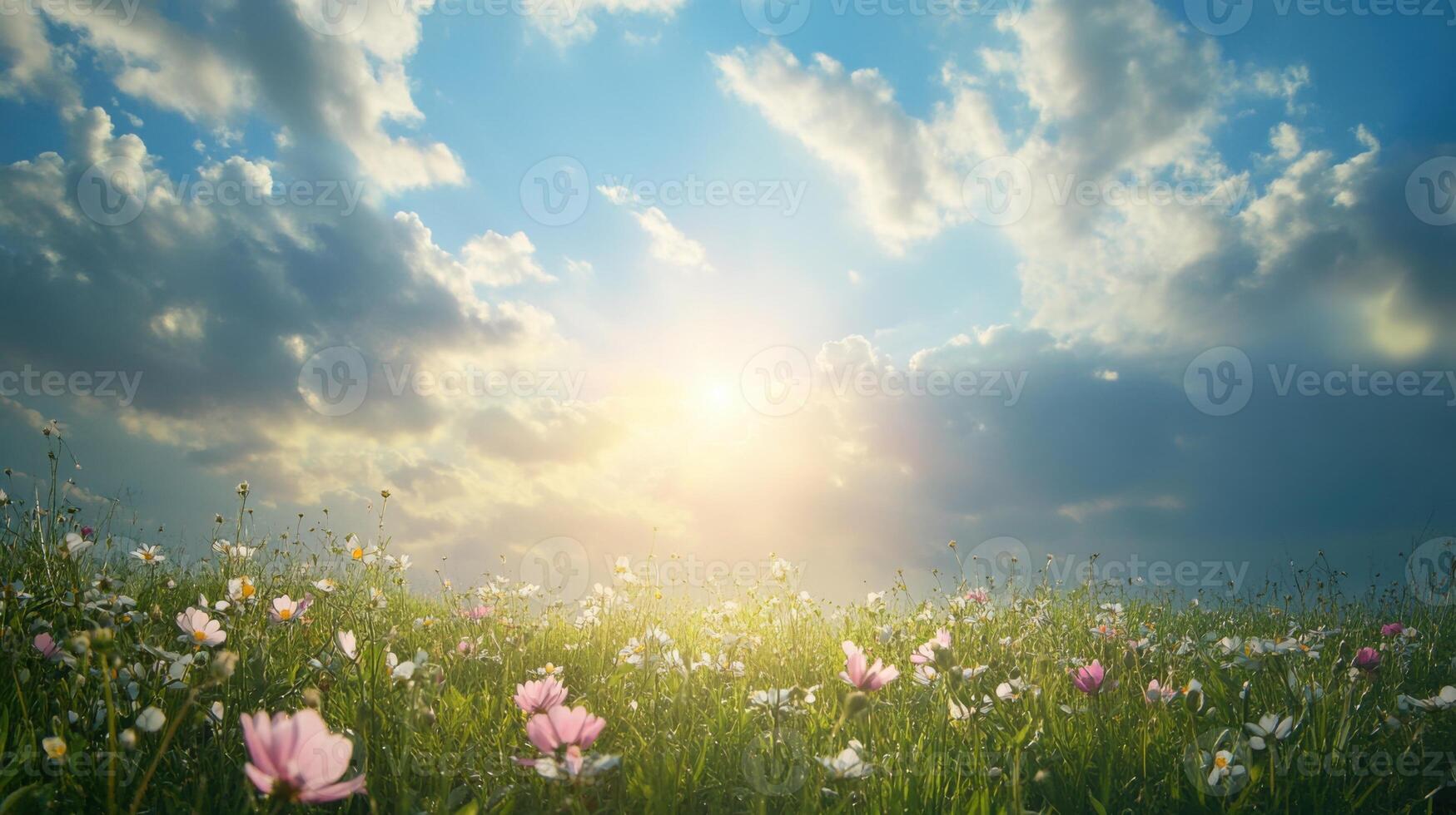 A field of flowers with a bright sun shining through the clouds photo