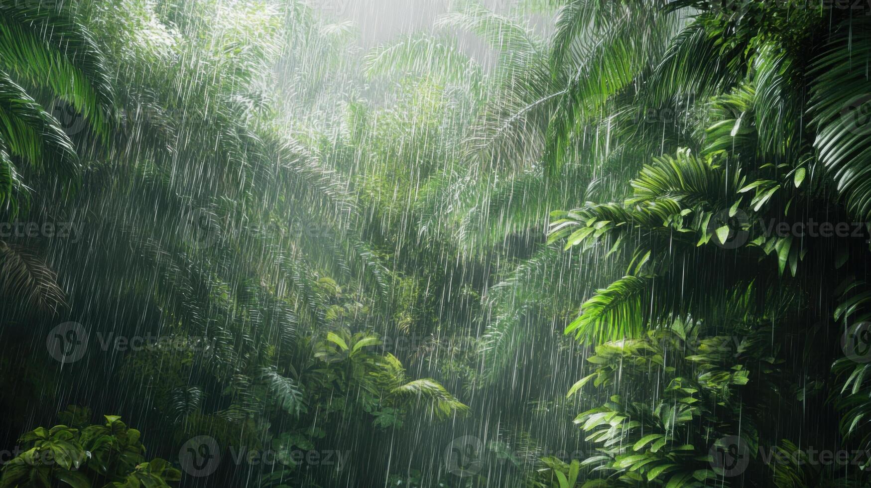 A lush green jungle with rain pouring down on it photo