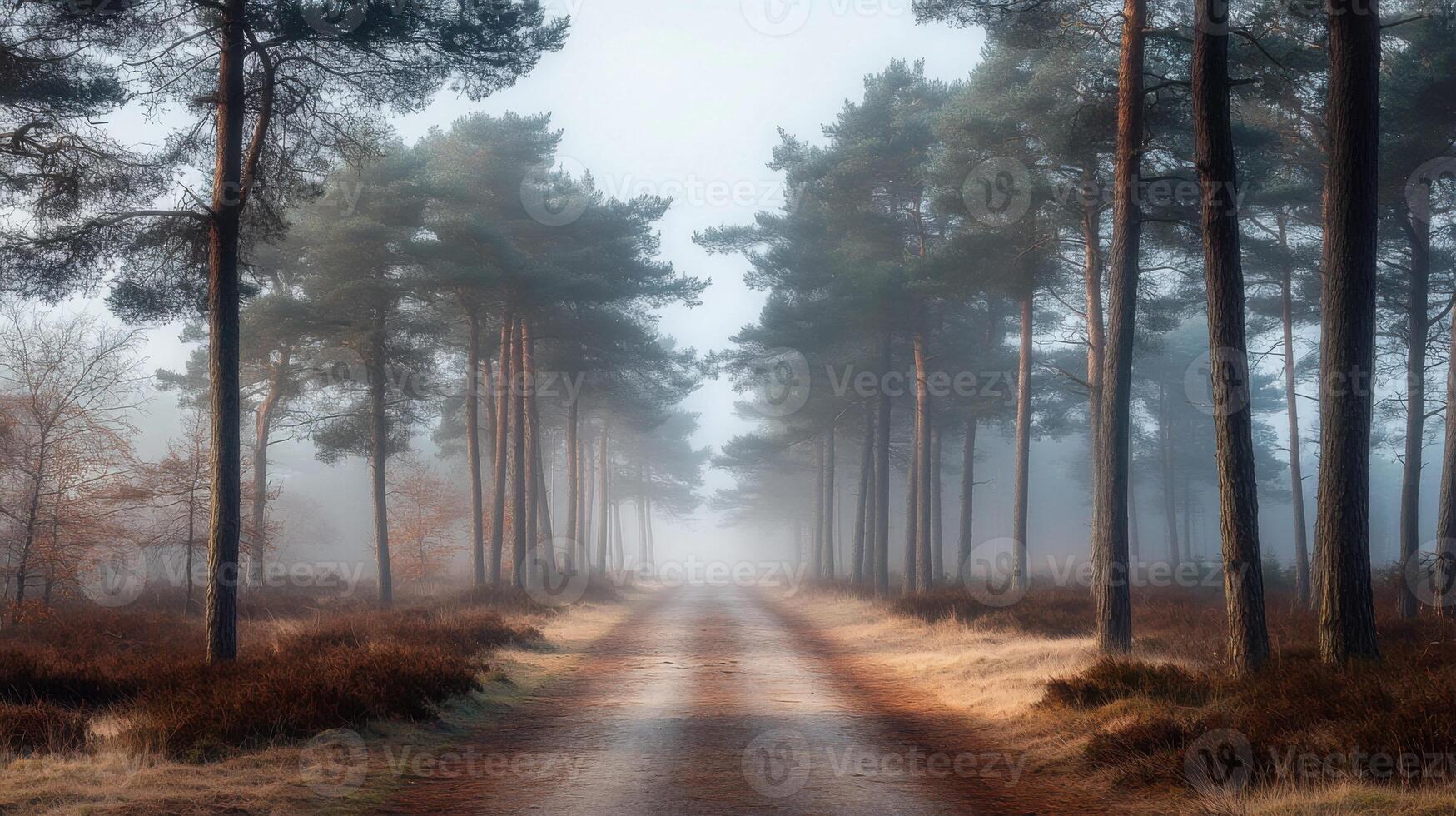 A foggy forest road with trees on both sides photo