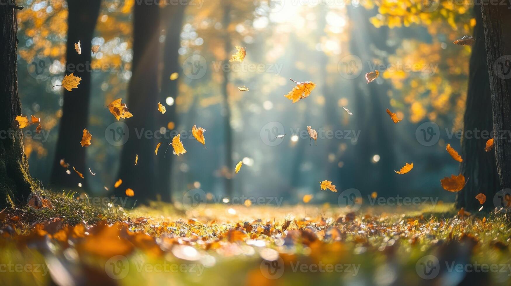 A forest with leaves falling from the trees photo