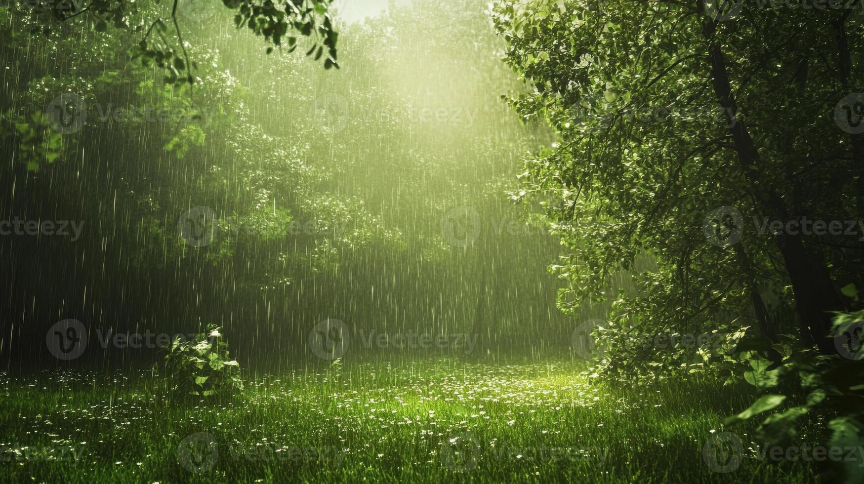 A lush green field with rain falling on it photo