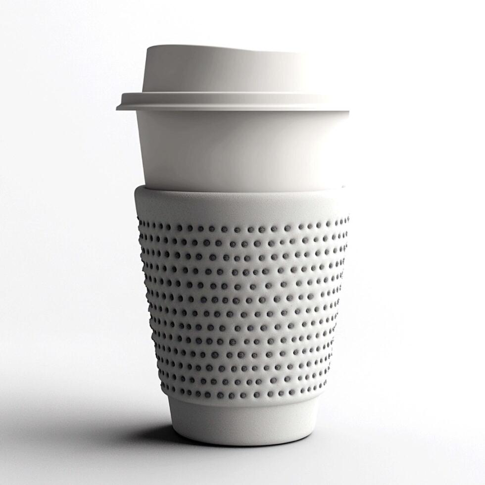 Disposable coffee cup on table with plants on background. photo