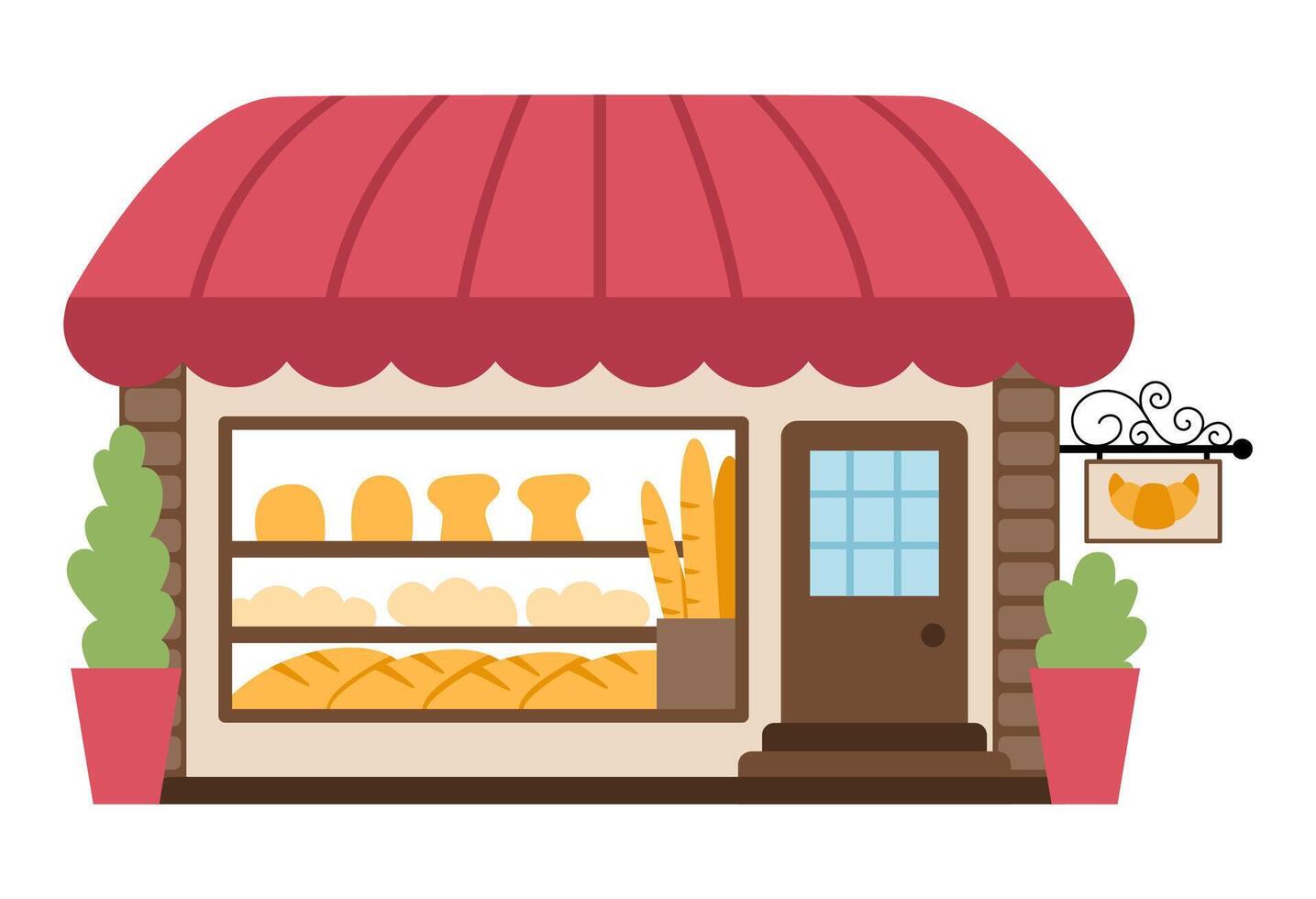 cozy bakery isolated on white background. Small bread shop illustration. Cute French kiosk with pastry, cakes, loaves, baguettes vector