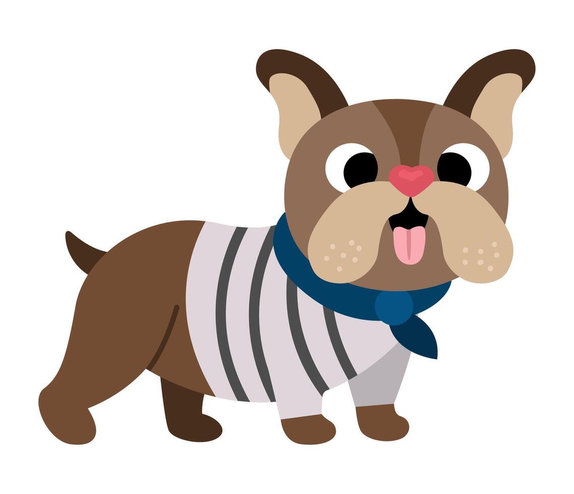 Bulldog in scarf and stripy shirt. Domestic animal illustration. Cute dog character icon isolated on white background. French symbol picture vector