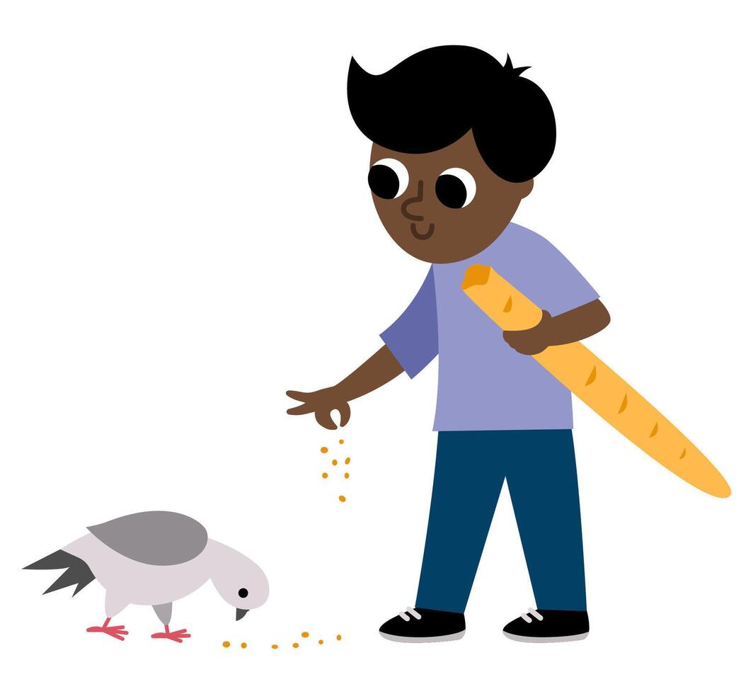 Dark skinned boy feeding pigeon. Cute character icon isolated on white background. Funny kid with baguette illustration vector