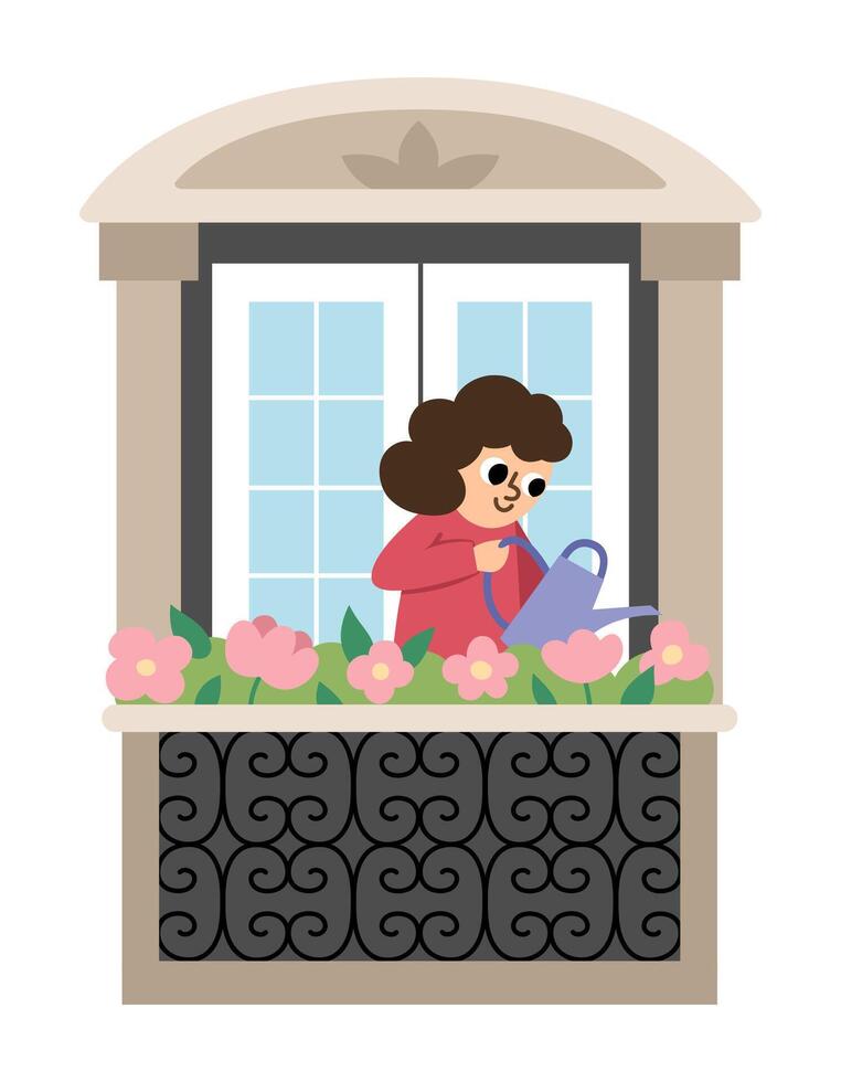 Girl watering flowers on French balcony. illustration of woman. Cute character icon isolated on white background vector