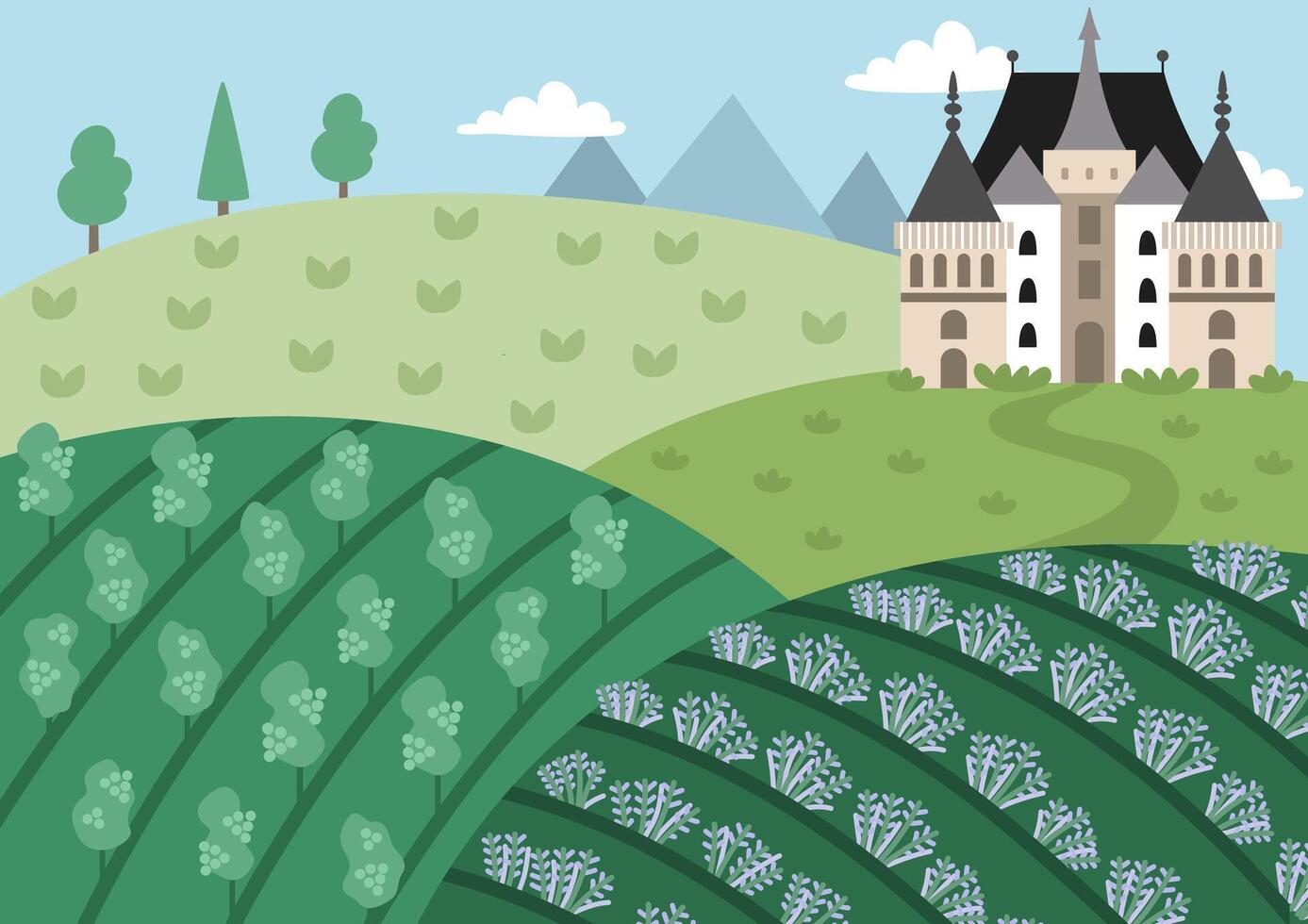 French landscape with wine yard and lavender field. European farm illustration. Rural village scene with trees, castle, mountains. Cute nature background with meadow, garden vector
