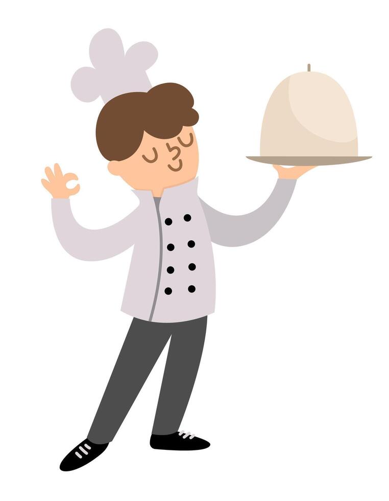 Cook in hat and tunic standing with tasty dish covered by closhe. chef illustration. Cute character icon isolated on white background vector