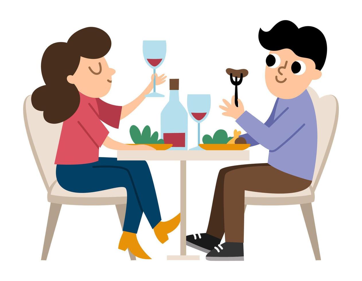 Pair sitting by the table, eating and drinking wine. illustration with French people. Woman man having good time. Cute characters icon isolated on white background vector