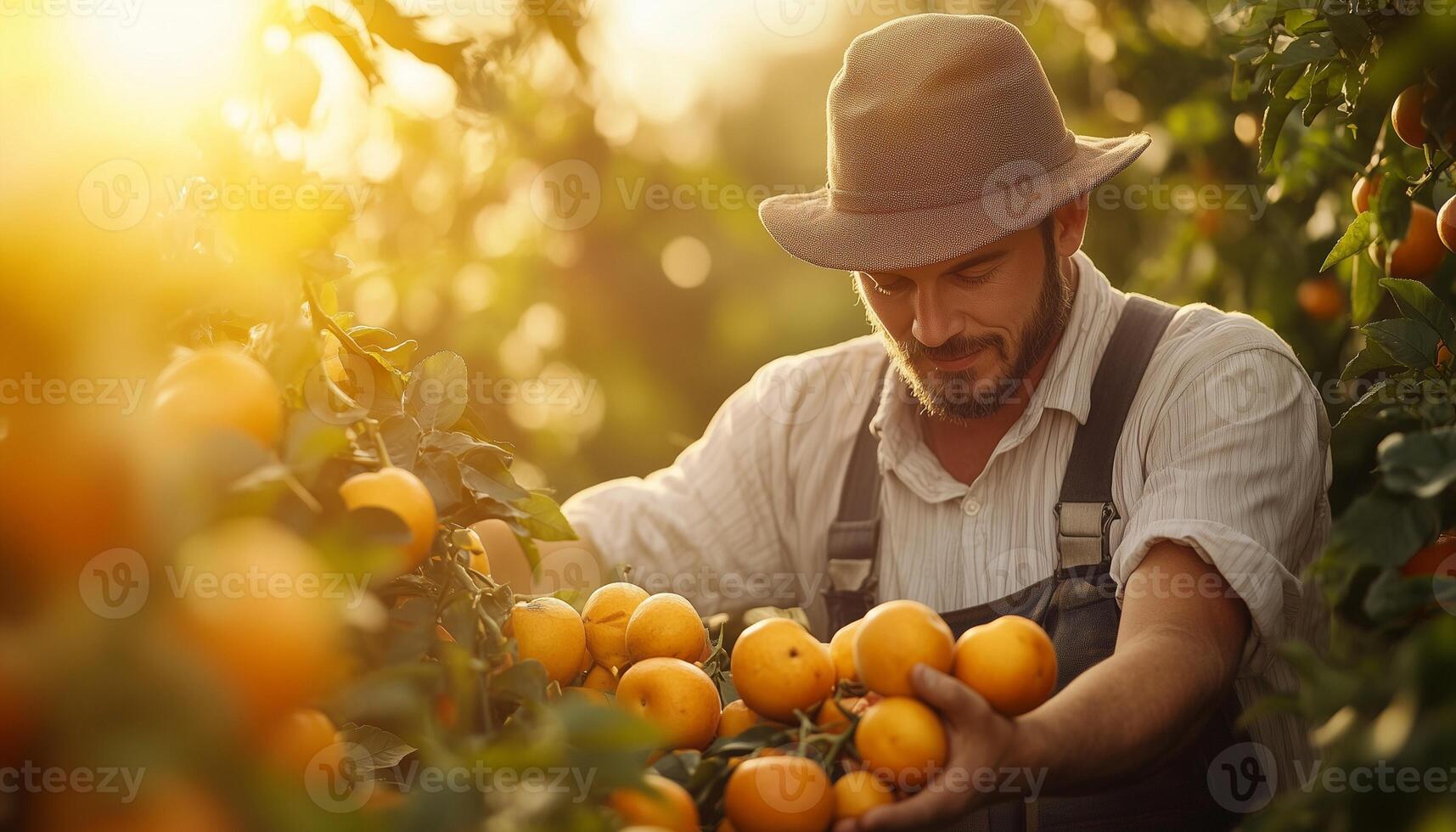 A man in a hat picking oranges from an orange tree photo