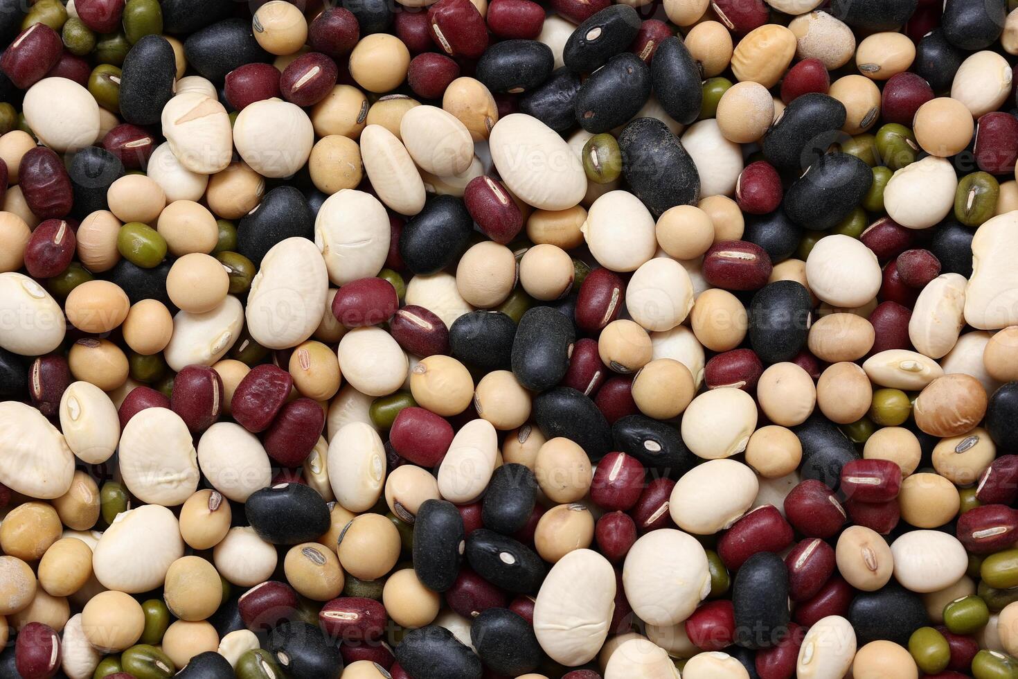 Top view of beans, black beans soybeans mung beans red beans with white beans mix photo