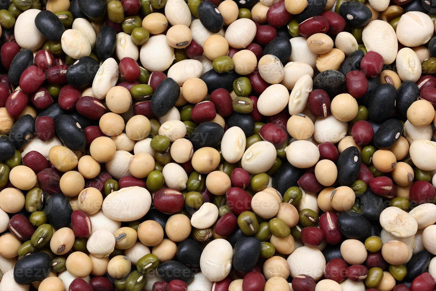 Top view of beans, black beans soybeans mung beans red beans with white beans mix photo