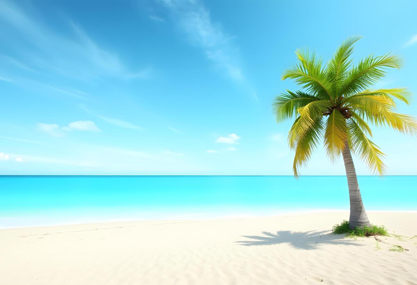 Tropical beach palm tree on the beach with blue sky and white sand photo