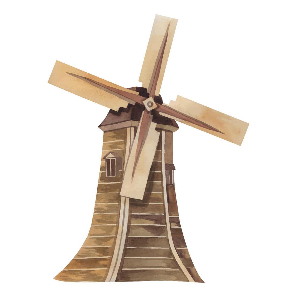 Brown wooden mill, hand painted with watercolor and isolated on white background. Watercolor illustration. Suitable for printing on fabric, paper, for decorating food packaging, flour, baking vector